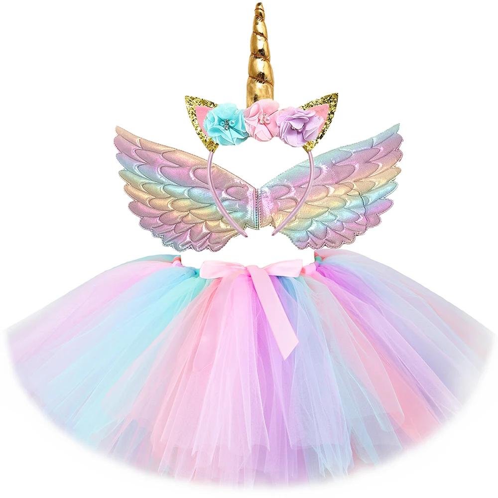 Girls Unicorn Tutu Skirt Set Pastel Rainbow Toddler Baby Tutus Mesh Tulle Girls Skirts for Kids Perform Dance Hallow